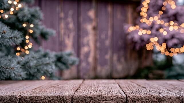 Close-up of weathered wood table, festive pine with golden lights