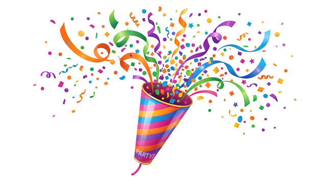 Colorful party popper exploding with confetti and streamers on white background