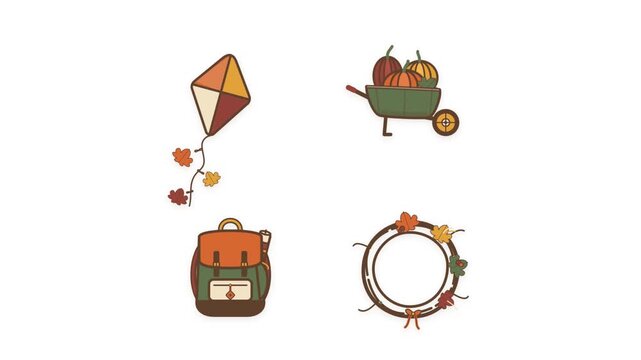 Hand drawn autumn activity icon collection featuring a kite, harvest wheelbarrow, hiking backpack, and decorative seasonal wreath.