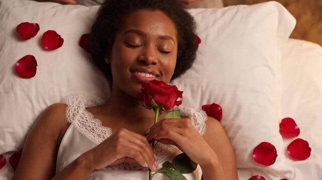 Woman receives and holds a red rose while lying on a bed strewn with rose petals. Romantic gesture and affection. Valentines Day, love and intimacy. Floral gift.