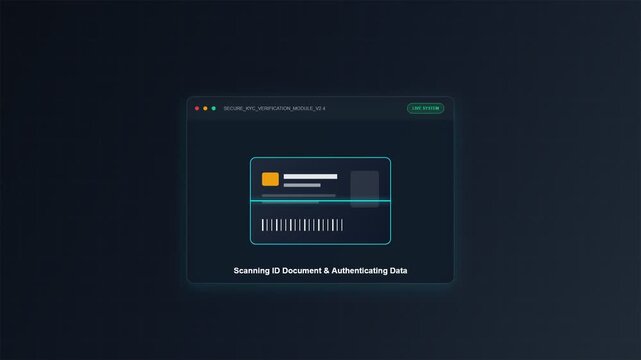 Secure KYC verification interface with biometric check and document scanning window animation