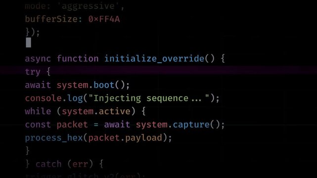 Programming code appearing on black computer monitor screen, software development process, cybersecurity hacking script, digital technology interface
