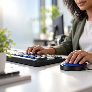 Office worker using an adaptive assistive technology button for computer accessibility with adaptive device