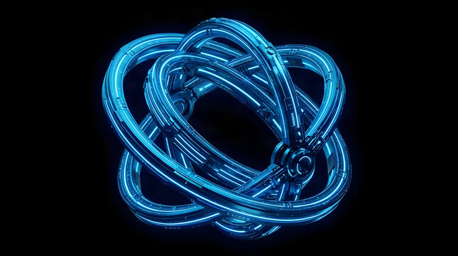 Abstract blue neon light structure forming a complex interconnected glowing orb with abstract shape interconnected lines tech design futuristic art glowing tubes digital globe sci