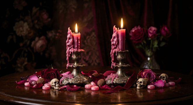 Dramatic still life of dripping wax candles surrounded by scattered rose petals in a dark romantic setting