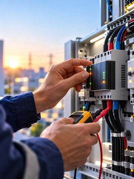 Electrician working on electrical control panel and wiring circuit breaker during sunset outdoors