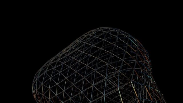 3D Metallic Wireframe Mesh Sphere Rotating Bottom Center Seamless Loop Video, Abstract Cybernetic Dark Lattice Motion Graphics, Futuristic Black Metal Polygon Axis Spin &ndash; Lower perspective view