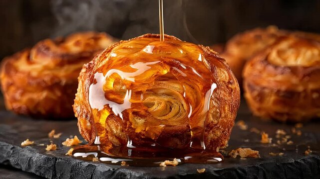 Golden honey syrup pouring over fresh warm flaky pastry on dark stone surface.