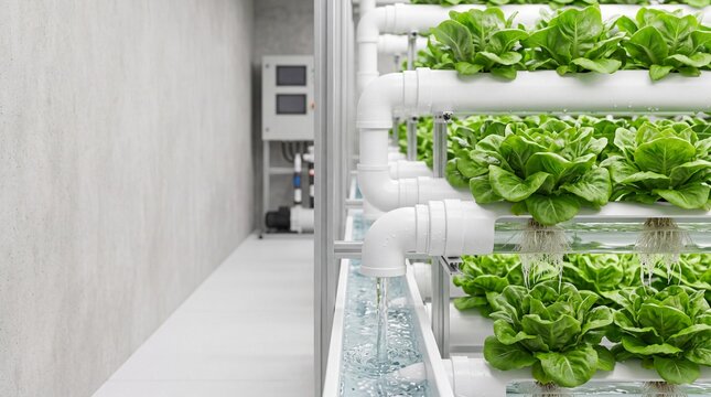 Indoor hydroponic vertical farm system with flowing water pipe rows nurturing green lettuce seedlings for sustainable commercial production