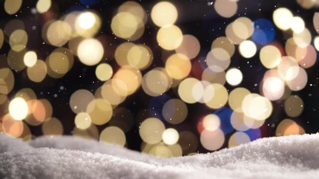 Snow falling gently and slowly, with blurred Christmas lights in the background