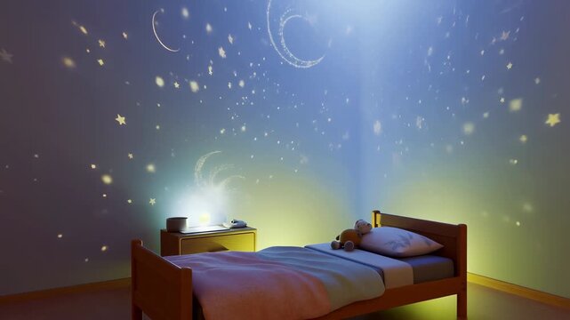 60 FPS Star and moon night light projection drifting across cozy child bedroom with teddy bear