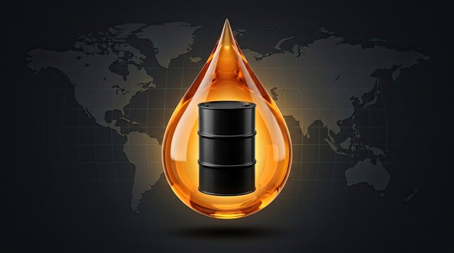 Oil barrel inside golden drop with world map background, energy industry concept, global oil trade and resources