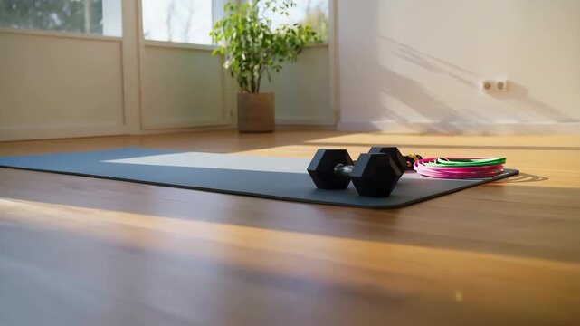 60 FPS low angle push in toward dumbbells and resistance bands on yoga mat in sunlit home gym