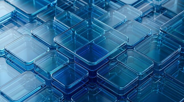 Topdown view of a grid of interconnected blue glass square containers with varying depths and transparency levels