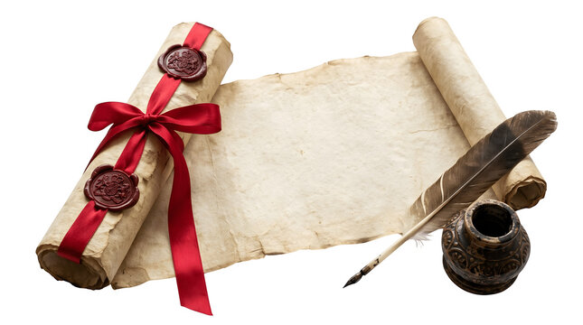 Antique parchment scroll with wax seals ribbon quill and inkwell isolated