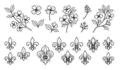 Fleur De Lis and Botanical Floral Branch Icon Set Featuring Vintage Royal Lily Crests Cherry Blossom Twigs Leaves and Decorative Line Art Elements for Wedding Invitation Designs © Puley