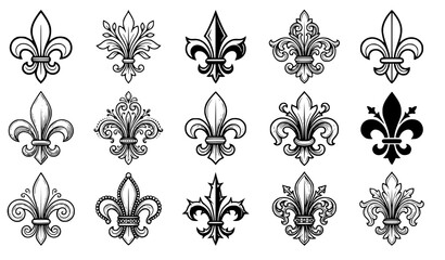 Fleur De Lis and Botanical Floral Branch Icon Set Featuring Vintage Royal Lily Crests Cherry Blossom Twigs Leaves and Decorative Line Art Elements for Wedding Invitation Designs © Puley