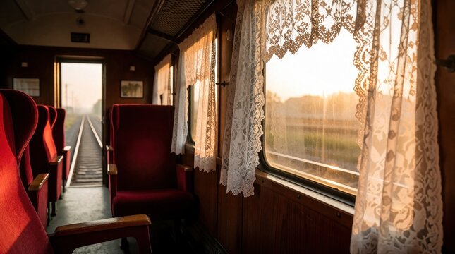 Vintage train interior with red velvet seats, white lace curtains. Sunlight shines through window during sunset. Empty passenger car offers nostalgic atmosphere for old fashioned rail travel journey.