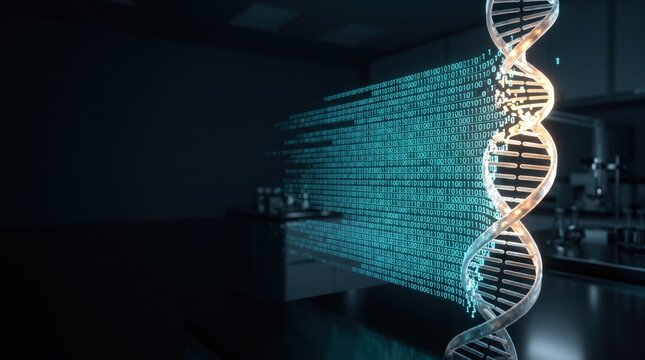 DNA Double Helix with Glowing Binary Code in Science Laboratory