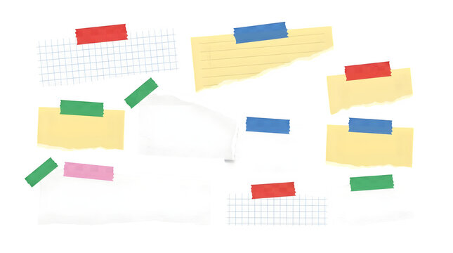 Torn paper pieces with colorful tape attached on a black background