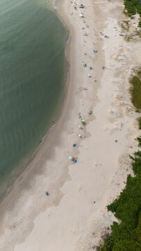 People Gather on the Beach With Umbrellas Near the Water's Edge