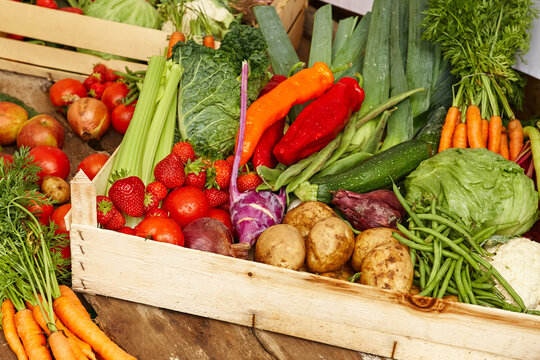 Colourful Seasonal Vegetable Harvest in Wooden Produce Crate