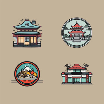 Set of Japanese architecture logo icons, traditional pagoda, temple, shrine and Mount Fuji emblem, colorful flat vector illustration