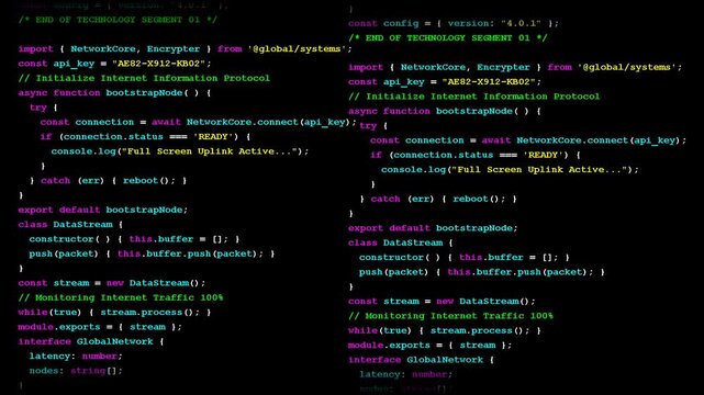Scrolling lines of computer programming source code in neon colors against a deep black background
