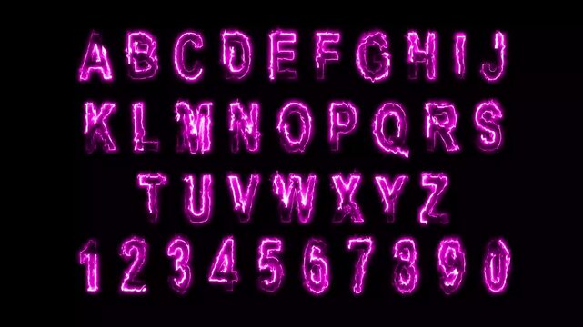 Vibrant pink neon electric alphabet and numbers glowing in the dark, dynamic energy electricity alphabet typography set animated loop background, concept for futuristic creative