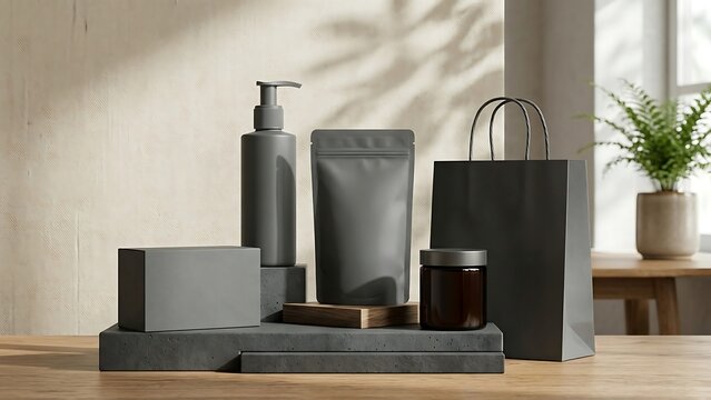 Modern minimal blank grey cosmetic packaging mockup bundle featuring pump bottle, stand-up pouch, paper shopping bag, cream jar, and soap box on stone pedestals with aesthetic natural leaf shadows