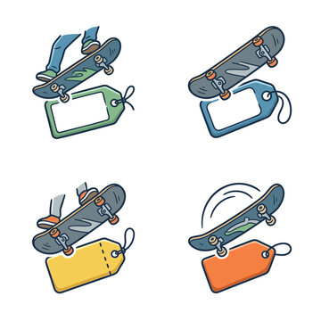 Colorful skateboards with price tags illustration.
