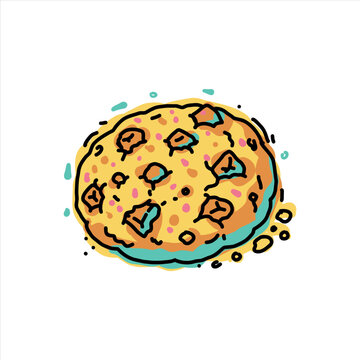 Hand drawn chocolate chip cookie with crumbs doodle
