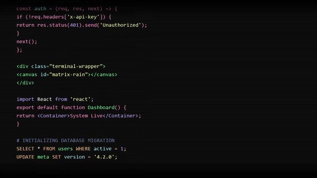 Computer terminal interface with scrolling lines of green and white software code on dark background, development and data analysis