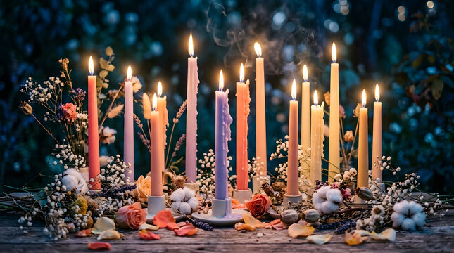 Romantic candlelit dinner setting with pastel taper candles. Rustic wedding reception decor. Colorful dripping candles burning on wooden table surrounded by flowers and cotton buds