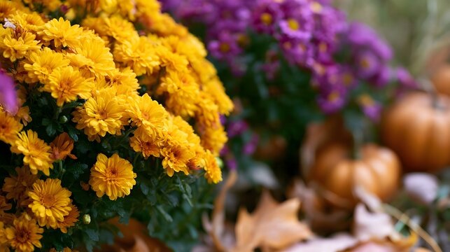 Vibrant yellow and purple chrysanthemums bloom amidst fallen leaves and pumpkins in a crisp autumn setting