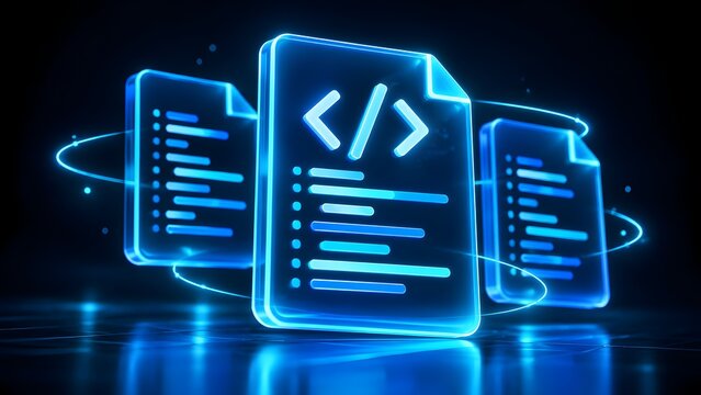 Glowing Blue Neon Glass Document Icons With Coding Tags Representing Software Development And Digital Programming Files