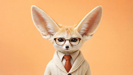 Fototapeta premium Fennec fox scholar looking at camera in a knitted cardigan and tie