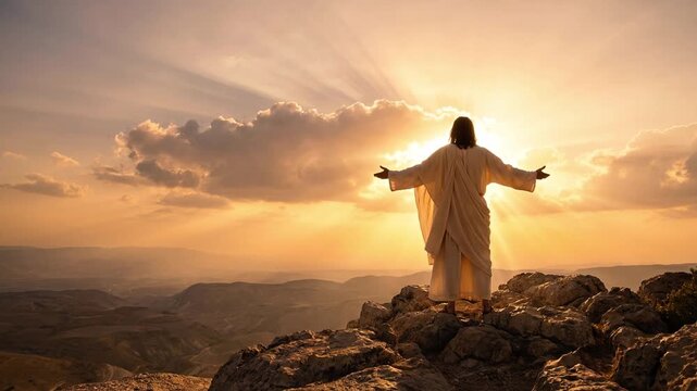 A person with outstretched arms facing a dramatic sunset from a rocky vantage point, representing a spiritual or religious moment