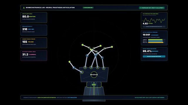 Futuristic Biomechanical Bionic Hand Neural Prosthesis Articulation Interface with Digital HUD Data Visualization, Cybernetic Prosthetic Technology Research and Development Loop Animation