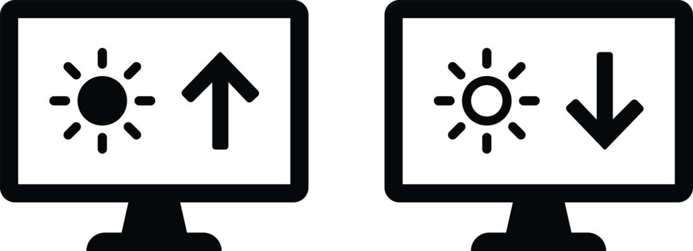 Monitor brightness control icons set showing screen light increase and decrease settings