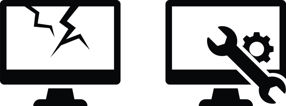 Broken monitor screen and computer repair icon set representing IT support and hardware service