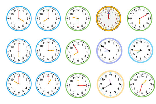 Colorful analog clock icons set, 15 vector clock faces showing different times, educational time management tools for school and scheduling.