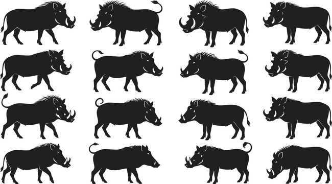 Warthog Silhouettes in Rows Vector Illustration African Wildlife Herd