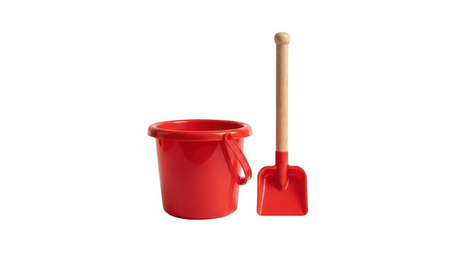 Red bucket with a shovel isolated on transparent background