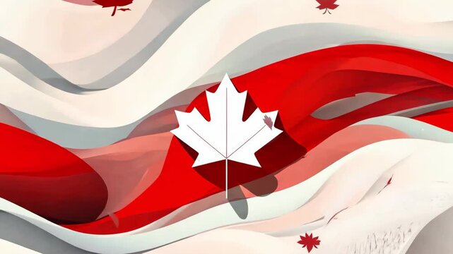 Abstract wavy illustration of the Canadian flag with a white maple leaf in red and grey tones, national holiday, patriotic design.