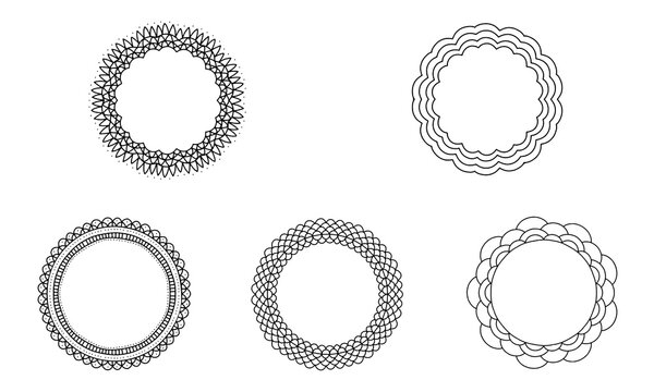 Set of five hand drawn circular frames isolated on transparent
