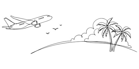 Fototapeta premium Airplane flying over tropical island with palm trees and birds in the sky line art drawing