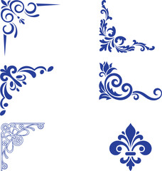 Naklejka premium Blue floral ornaments and corner flourishes vector illustration on white background