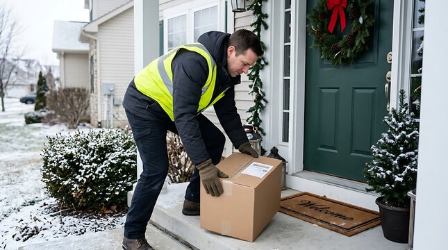Courier delivering a cardboard package to a house front door during