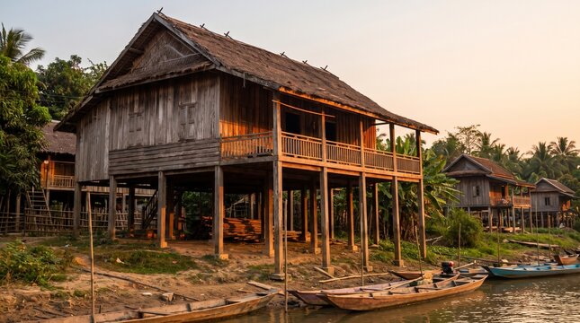 Traditional Wooden Stilt House On Mekong River Bank With Fishing Boats At Sunset